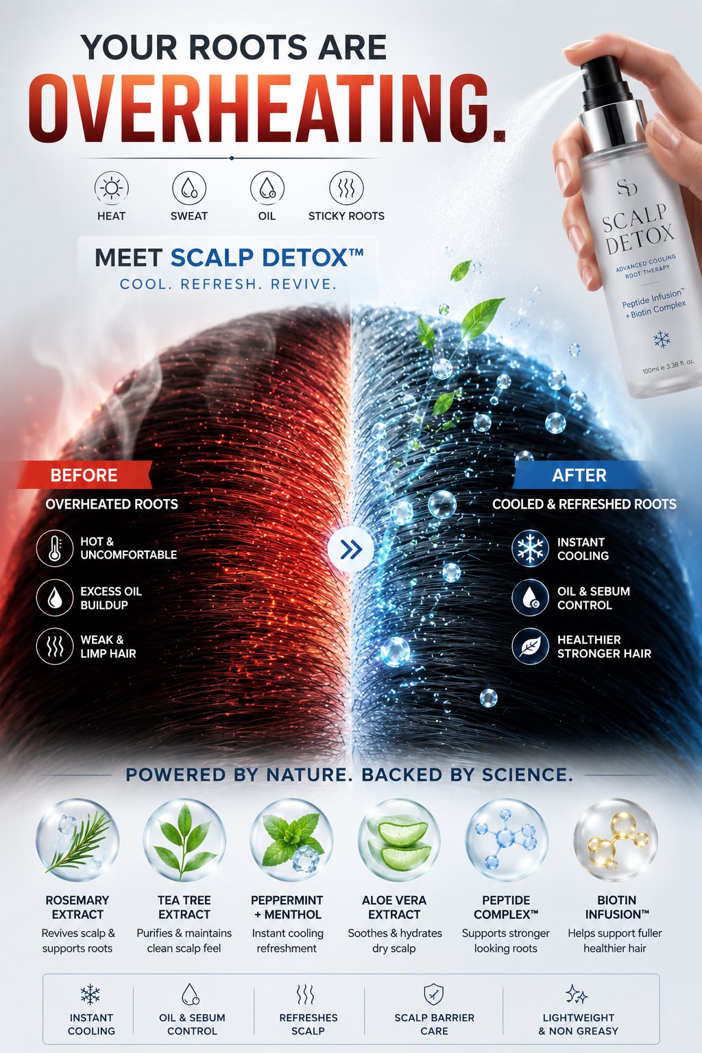 Champi oil Scalp Detox Advanced Cooling Root Therapy bottle with applicator tip, designed for refreshing scalp cleansing and cooling relief.