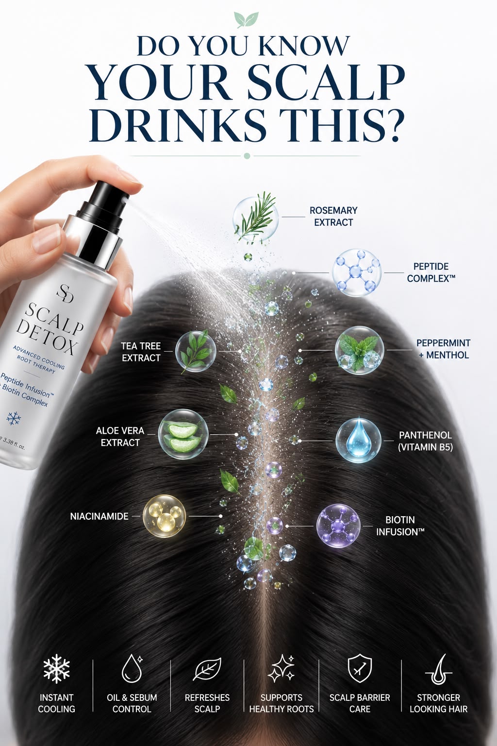 Champi oil Scalp Detox Advanced Cooling Root Therapy bottle with cooling applicator tip for soothing scalp treatment.