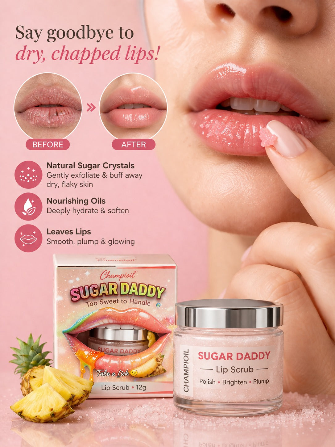 Champi Oil Sugar Daddy Lip Scrub in a jar, showing a close-up of the exfoliating sugar scrub with a smooth lip application.