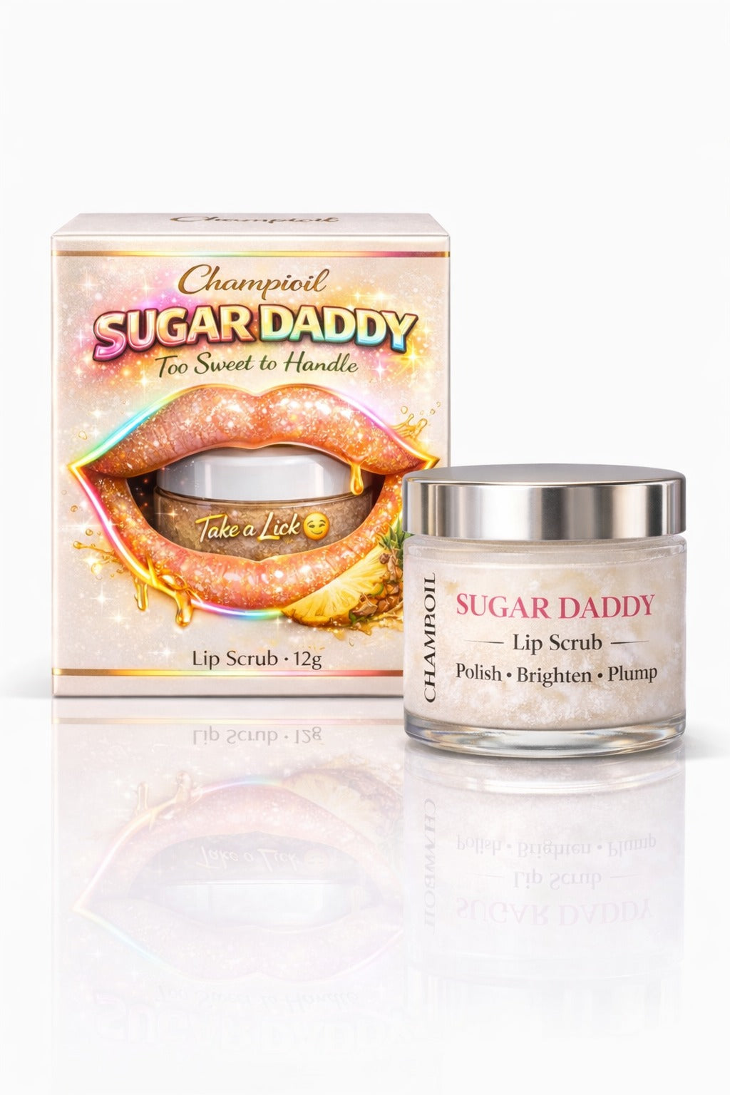 Champi Oil Sugar Daddy Lip Scrub in a jar, showing a close-up of the exfoliating sugar scrub with a smooth lip application.