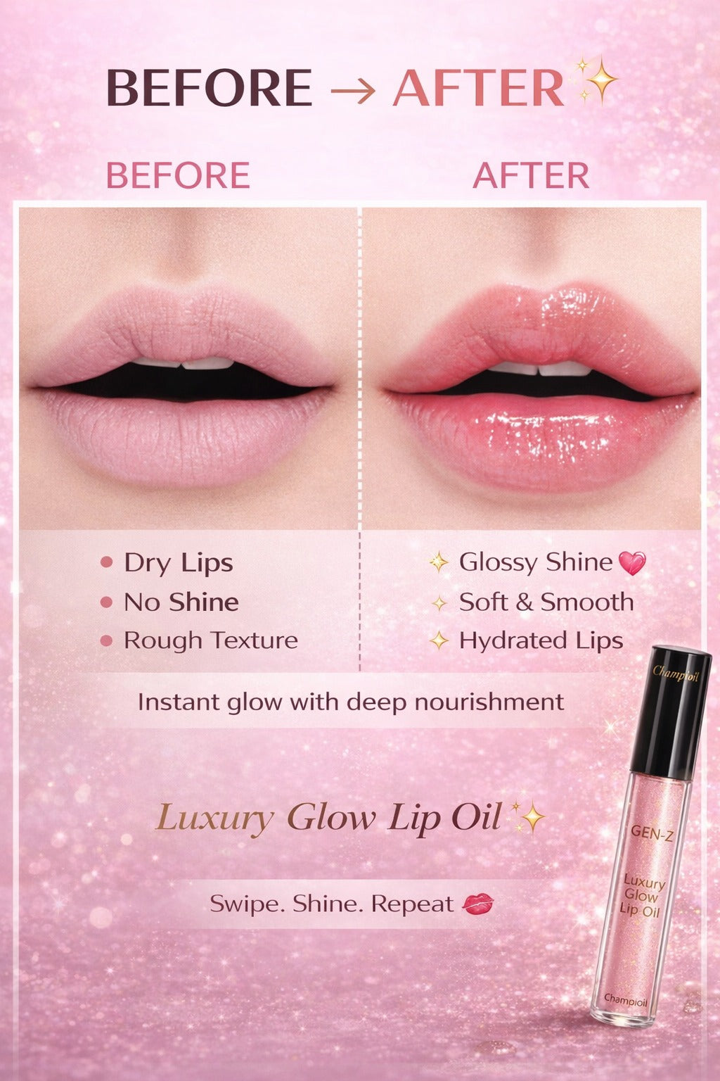 Champi Oil Gen-Z lip oil tube with a clear applicator, showcasing the glossy, nourishing lip oil product.