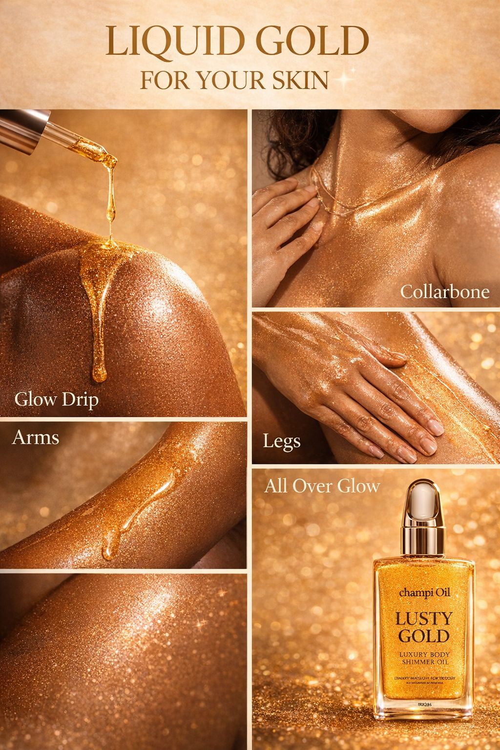Champi Oil LUSTY GOLD luxury shimmer body oil in 50ml bottle with a golden, glossy finish and elegant packaging.