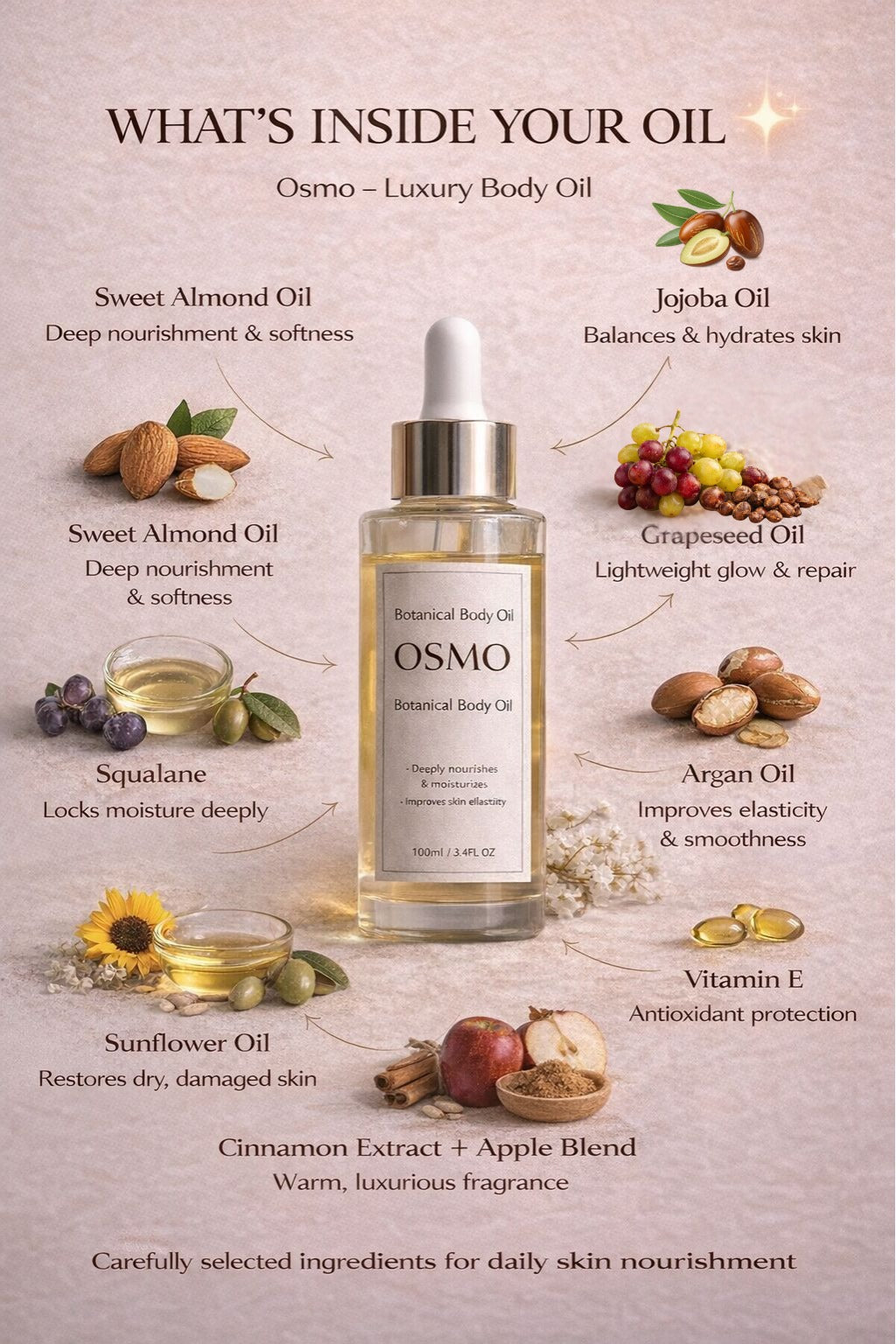 Champi OSMO Botanical Body Oil bottle, 100ml, with natural botanical ingredients, shown in a clear, elegant container.