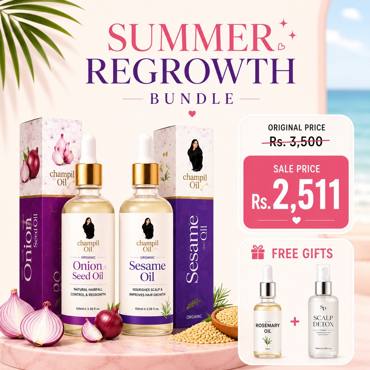 Champi Oil Summer Regrowth Bundle with natural herbal oils for healthy hair growth and revitalization.