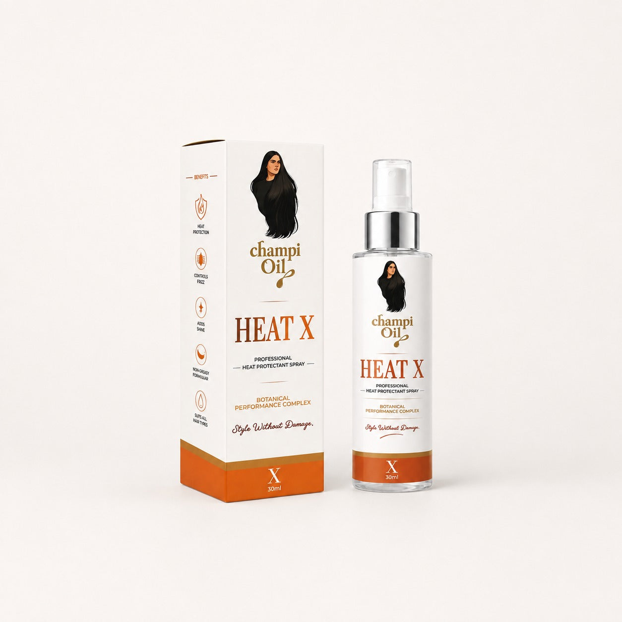 Champi Oil Heat X 30ml professional heat protectant spray with box
