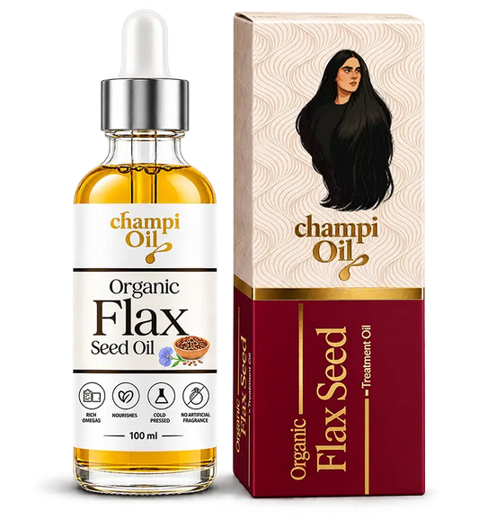 Champi Oil Organic Flax Seed Oil bottle for natural hair and scalp care